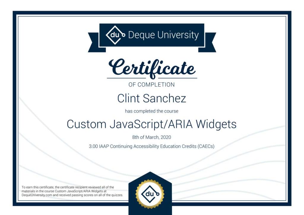 Clint Sanchez Custom JavaScript ARIA Widgets Course Completion Certificate 1