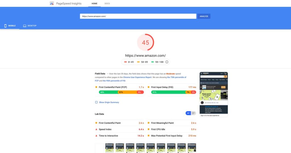 google pagespeed insights free tool analysis of amazon