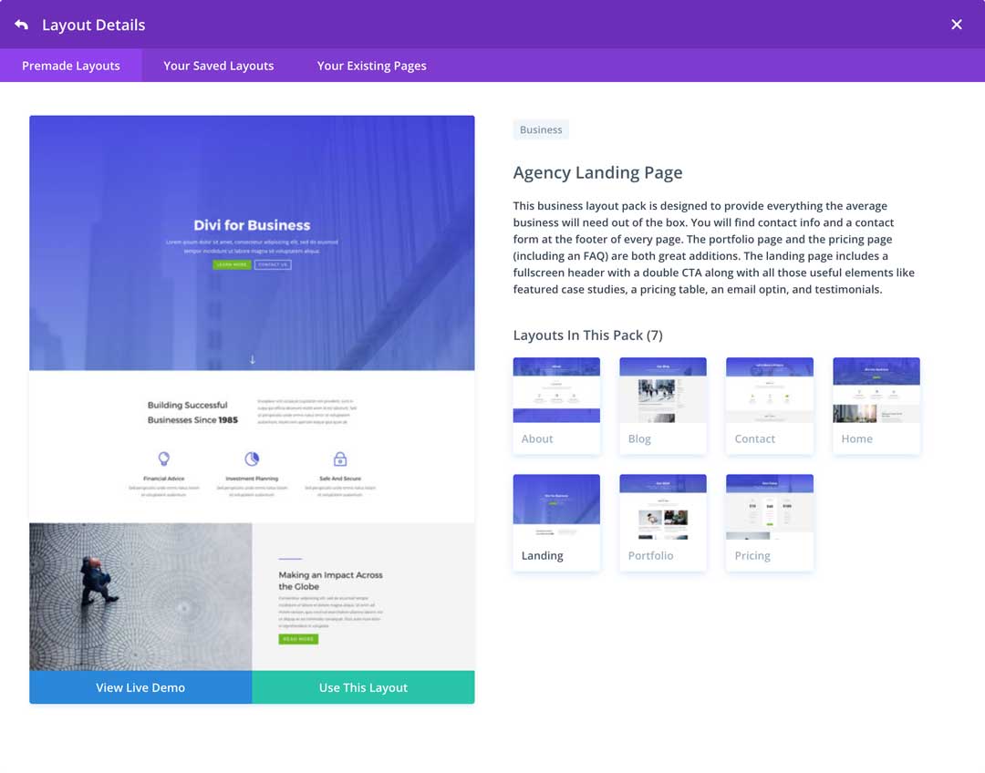 divi agency layout page selection