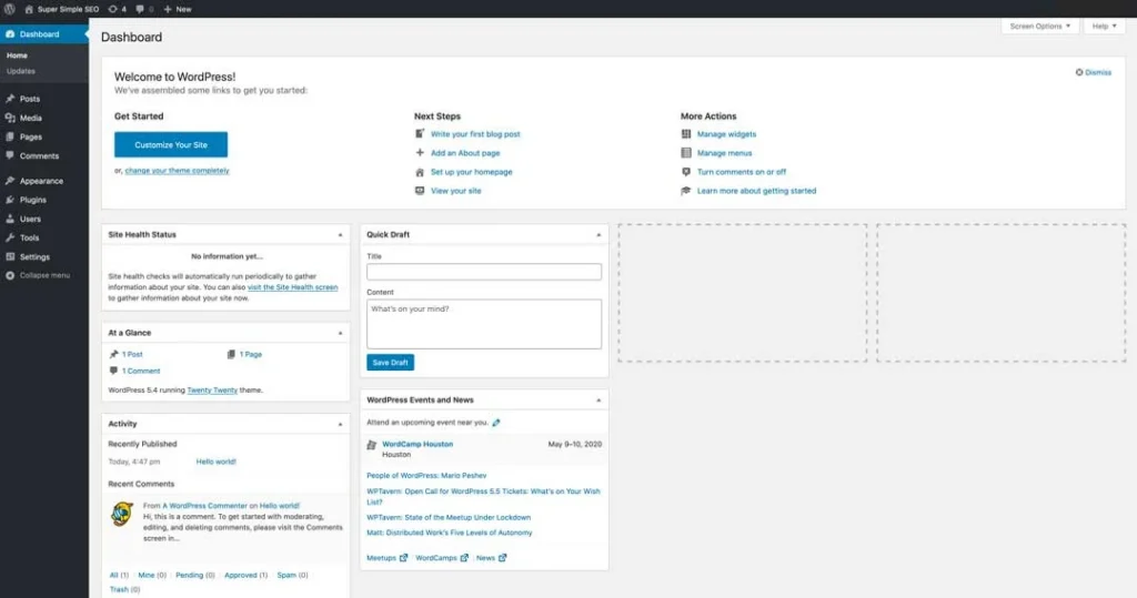new wordpress dashboard for super simple seo class