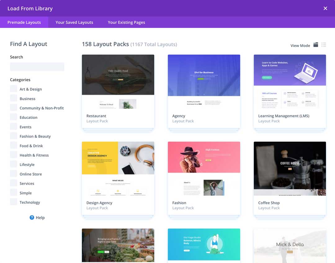 selection of divi layouts to choose from