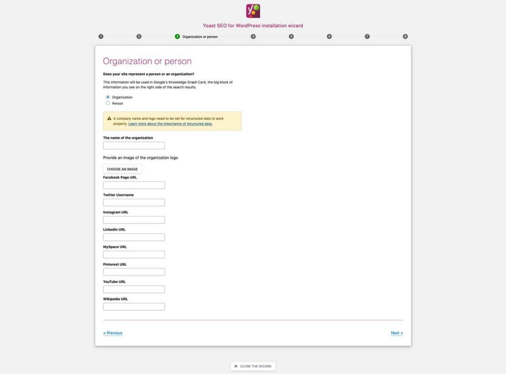 yoast seo plugin setup organization or person