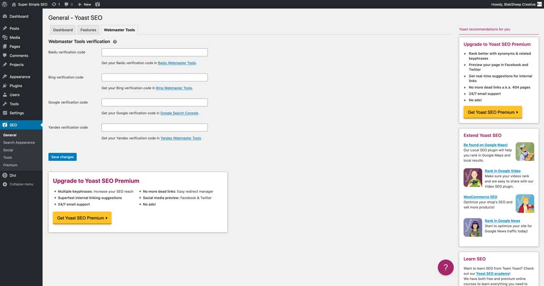 yoast seo plugin webmaster tools dashboard
