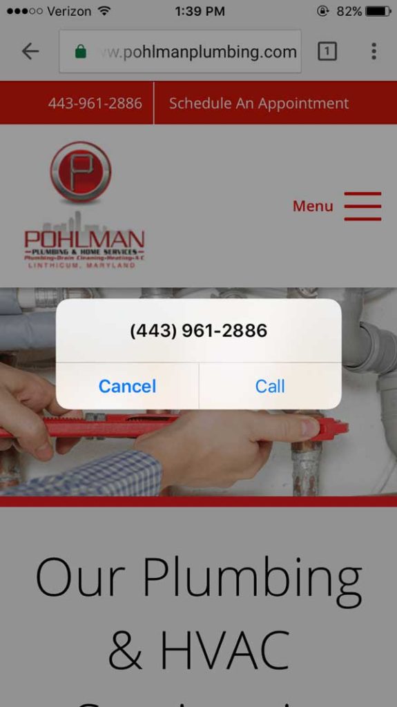 click to call plumbing website button example