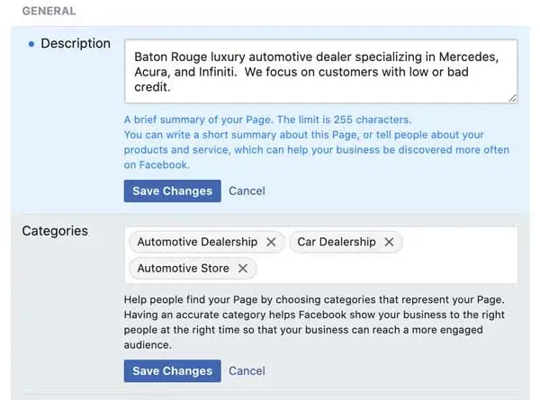 setting up facebook business page categories description