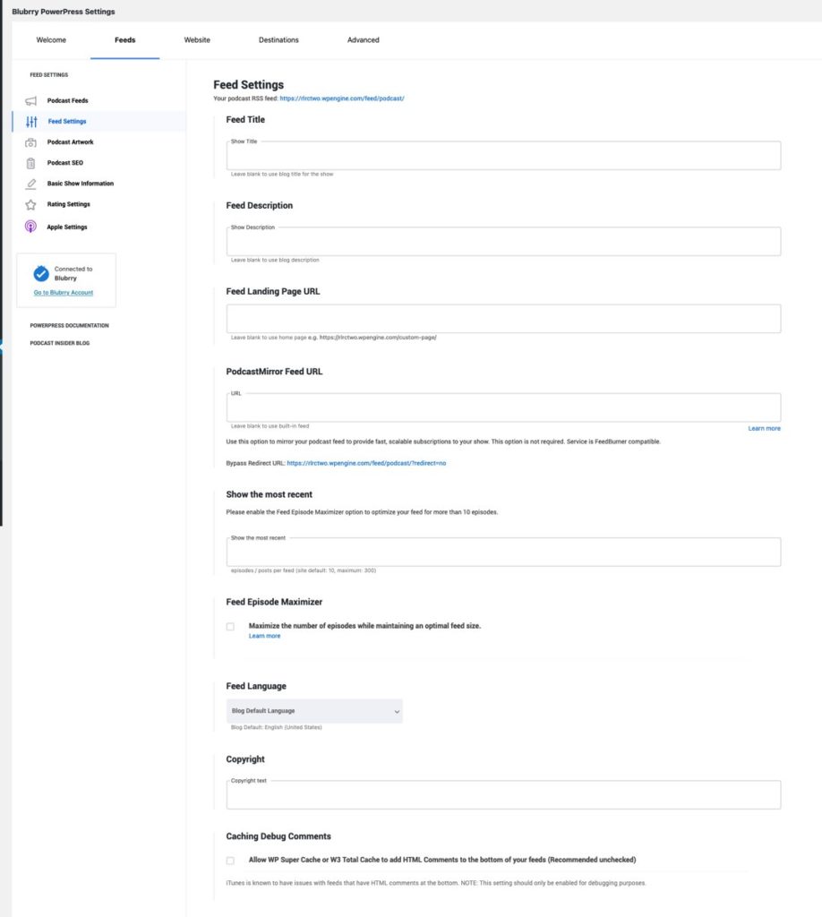 blubrry podcast plugin setup feed settings