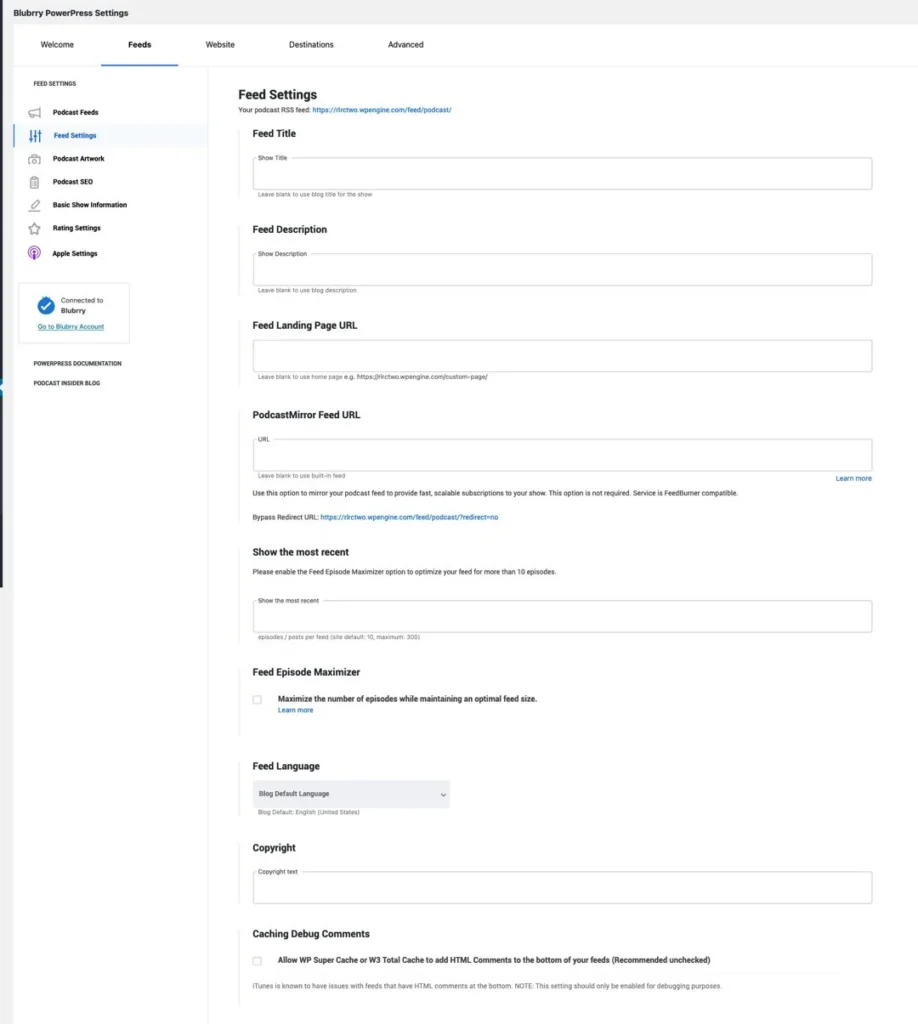 blubrry podcast plugin setup feed settings