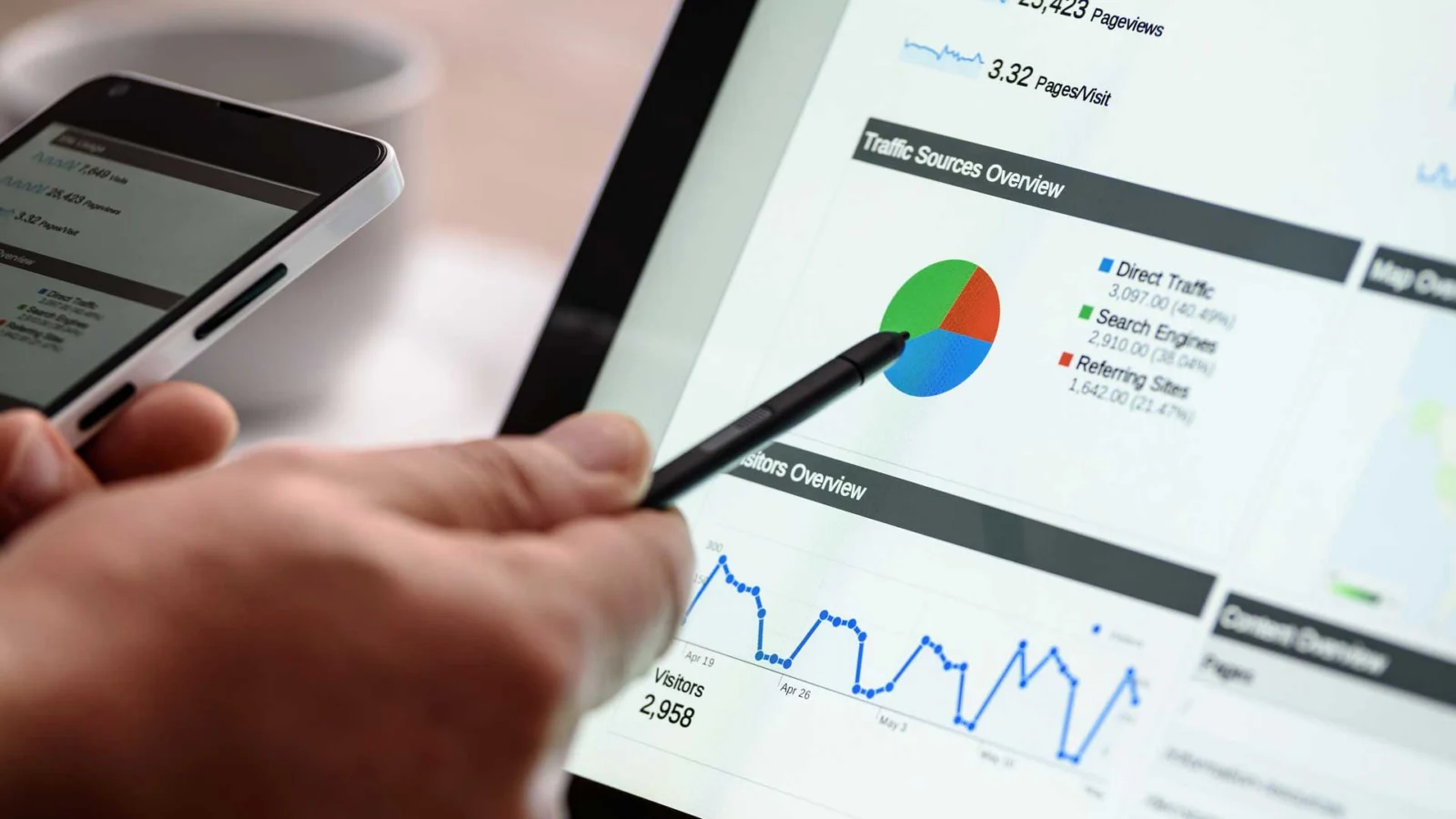 digital marketing concept hand holding phone while looking at marketing graph 1