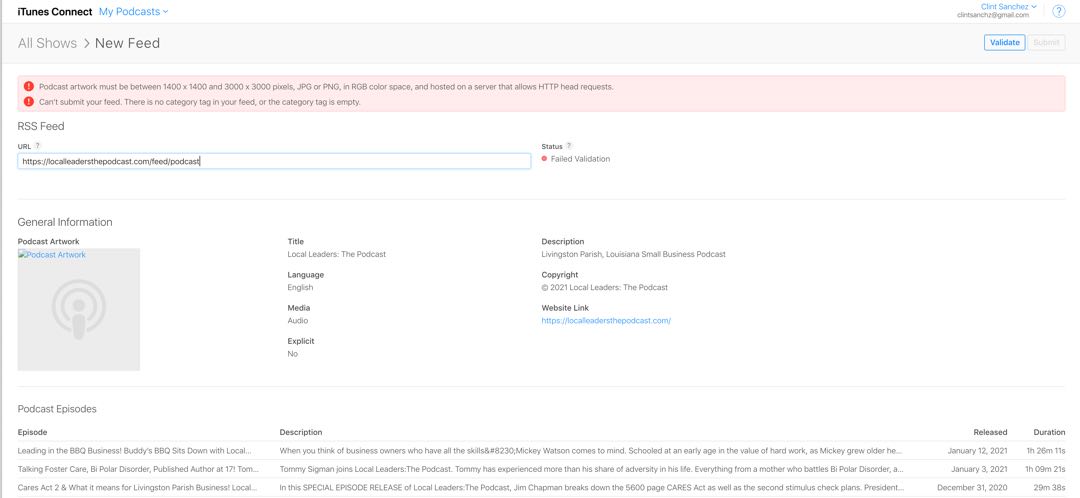 errors submitting podcast to apple