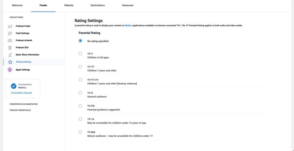 powerpress blubrry rating settings