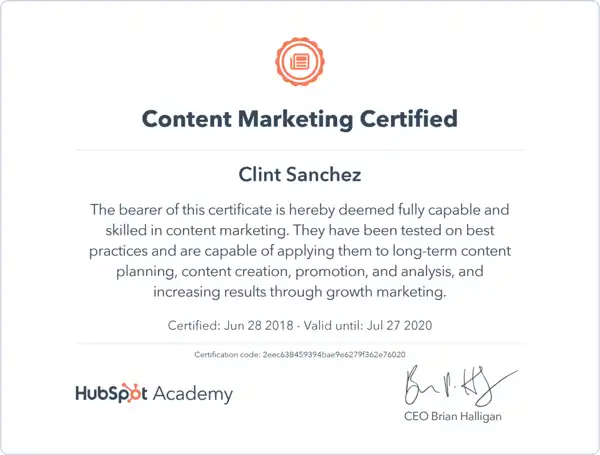clint sanchez hubspot content marketing certification