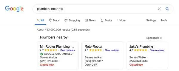 google result for plumbers near me for seo importance 1