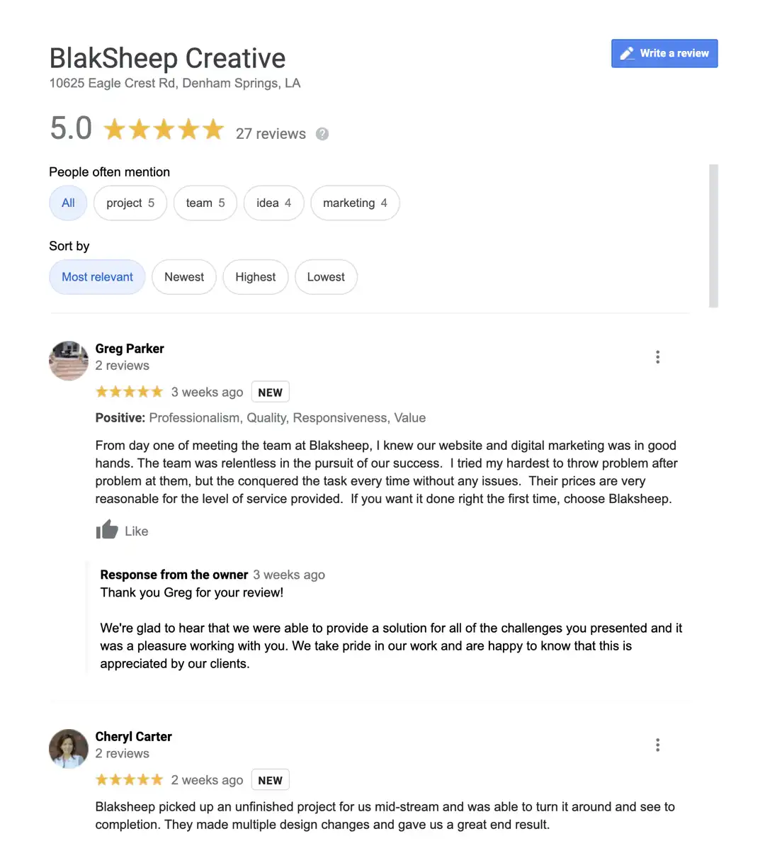 blaksheep creative google review for branding