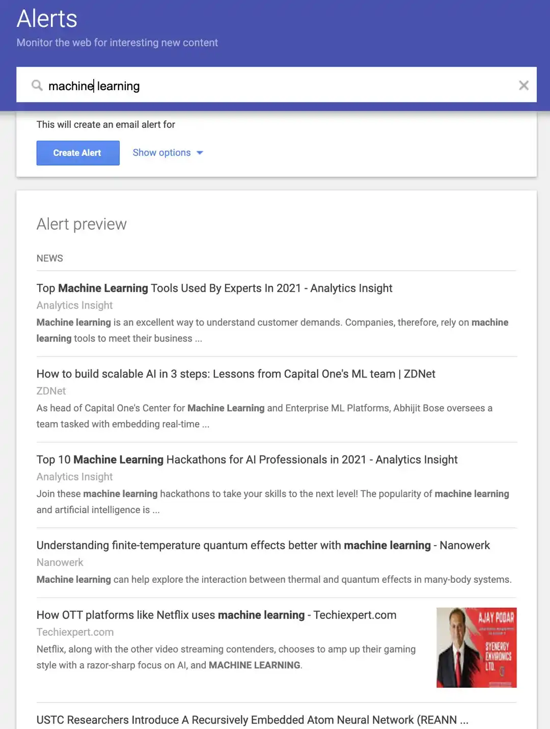 machine learning google alert for high quality blog content