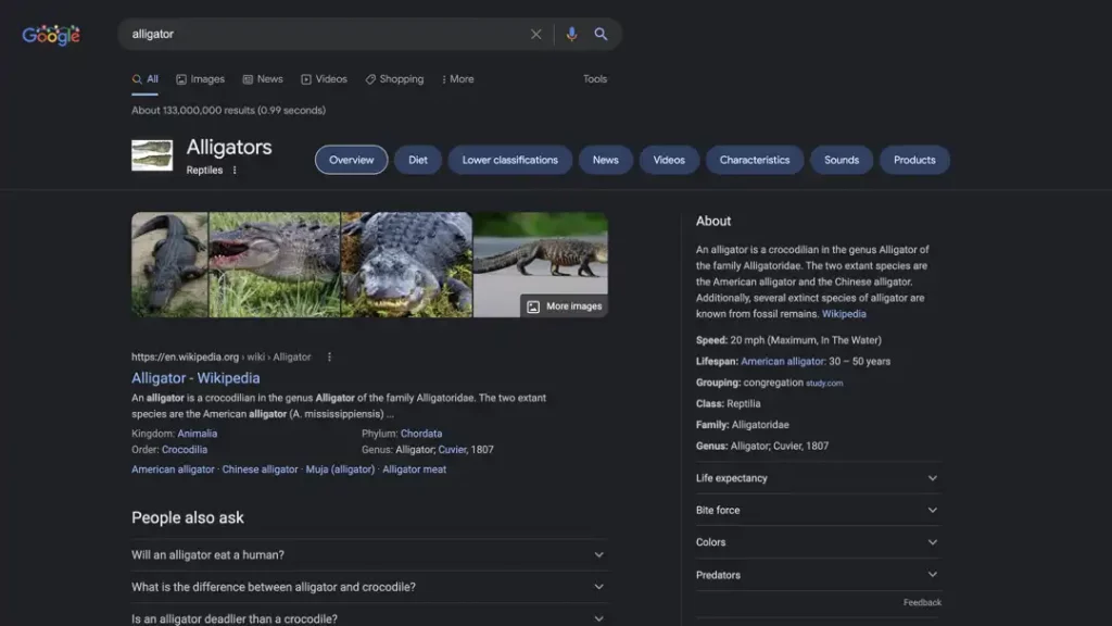 knowledge panel zero click search result for alligator