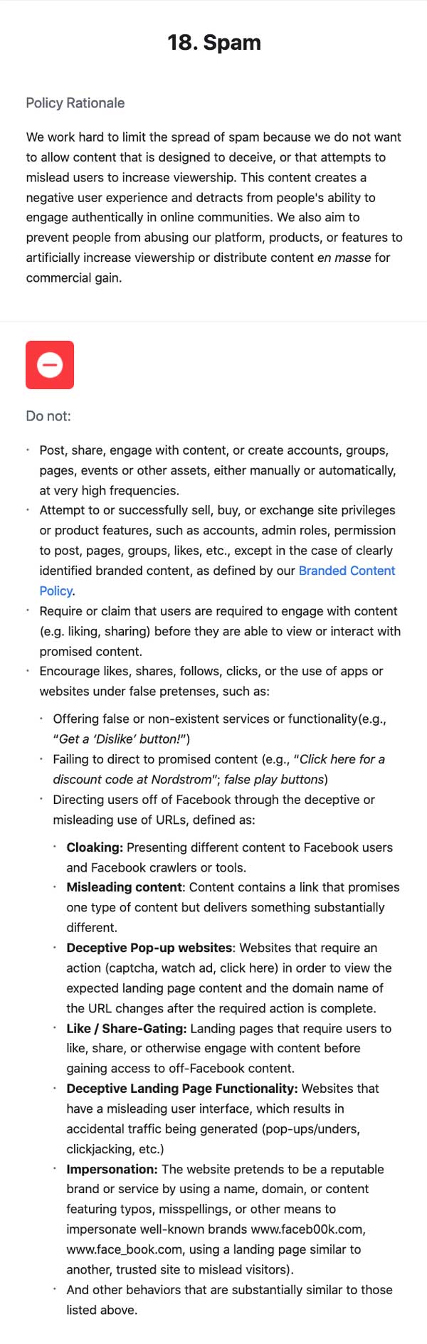 facebooks terms of service section 18 regarding spam