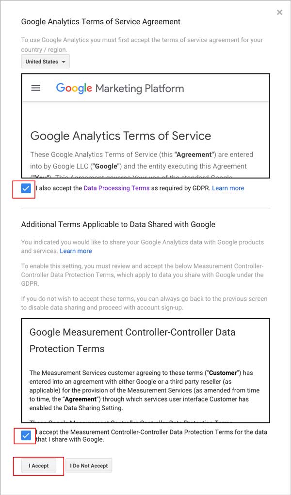 google analytics terms of service popup