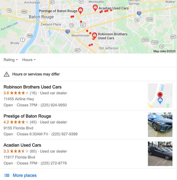 google map pack for used cars local seo example 1