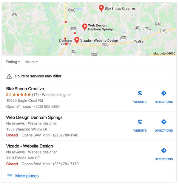 google map pack results for denham springs website company