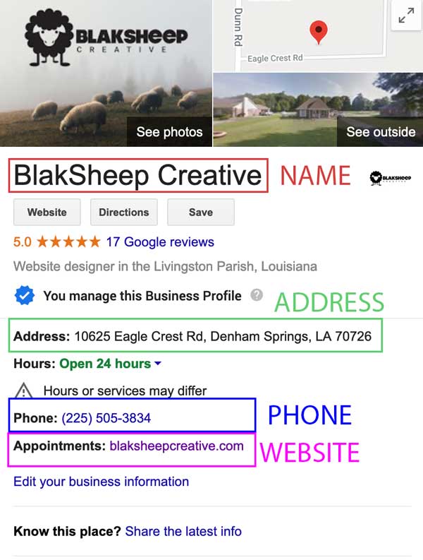 google my business name address phone website for local seo