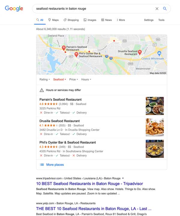 google search results for seafood restaurants in baton rouge