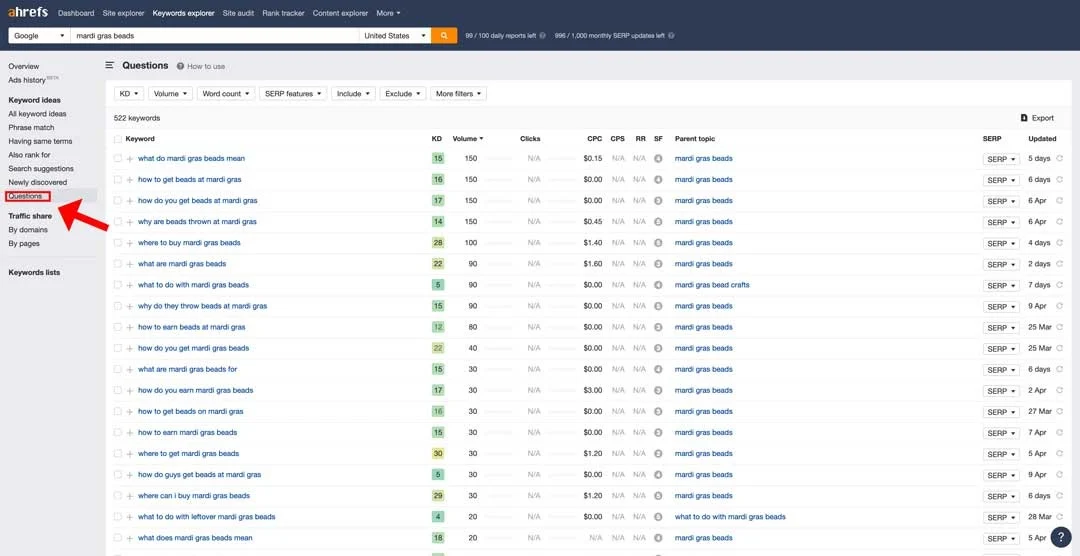 mardi gras beads questions for louisiana search engine optimization search intent