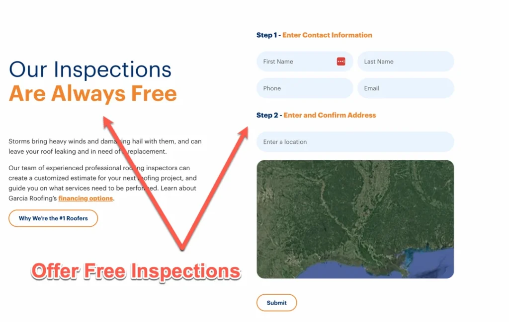 example of perfect free inspection landing page for roofing contractor website