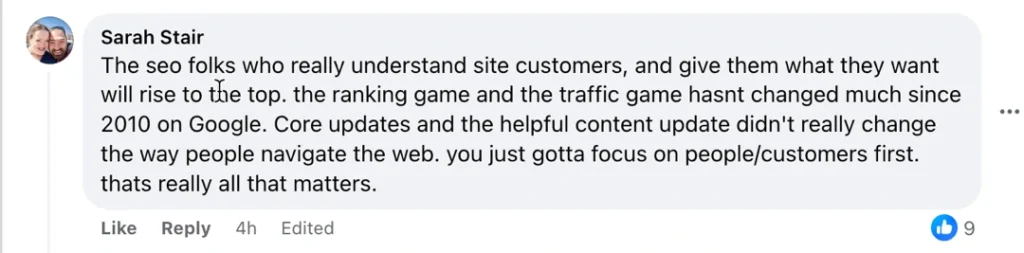 comment by sarah stair highlighting the value of understanding site customers in seo and the consistency of googles approach since 2010