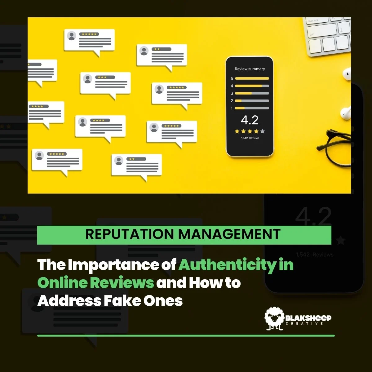 online reputation management with reviews on yellow background and phone rating display