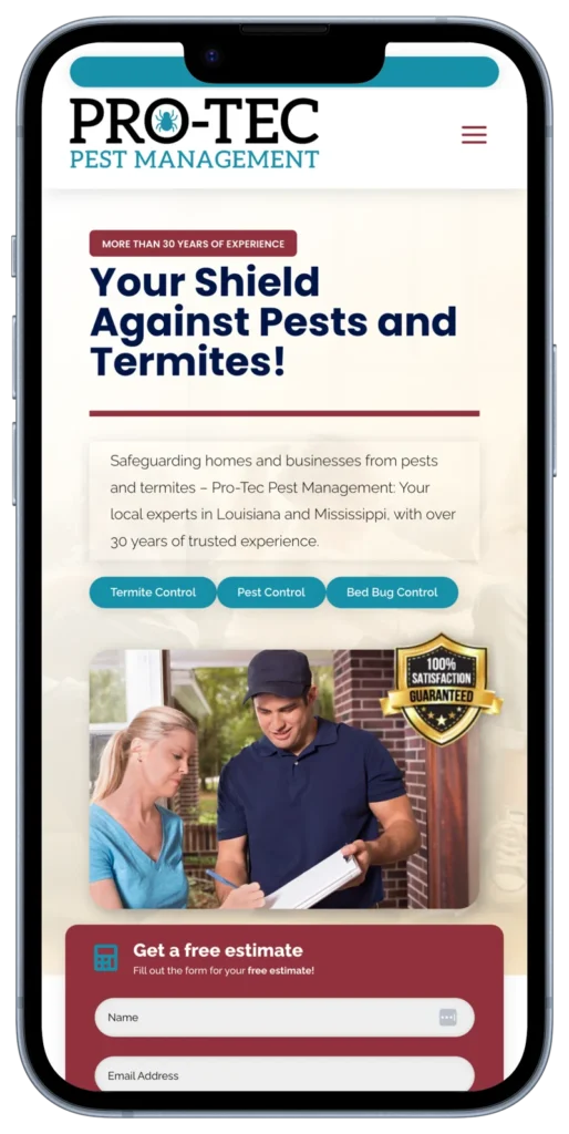 pro tec pest management mobile site showcasing services and free estimate form