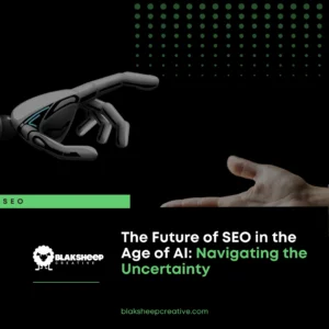 robotic hand reaching towards a human hand against a black background with green dots and seo text with blaksheep creative logo and website