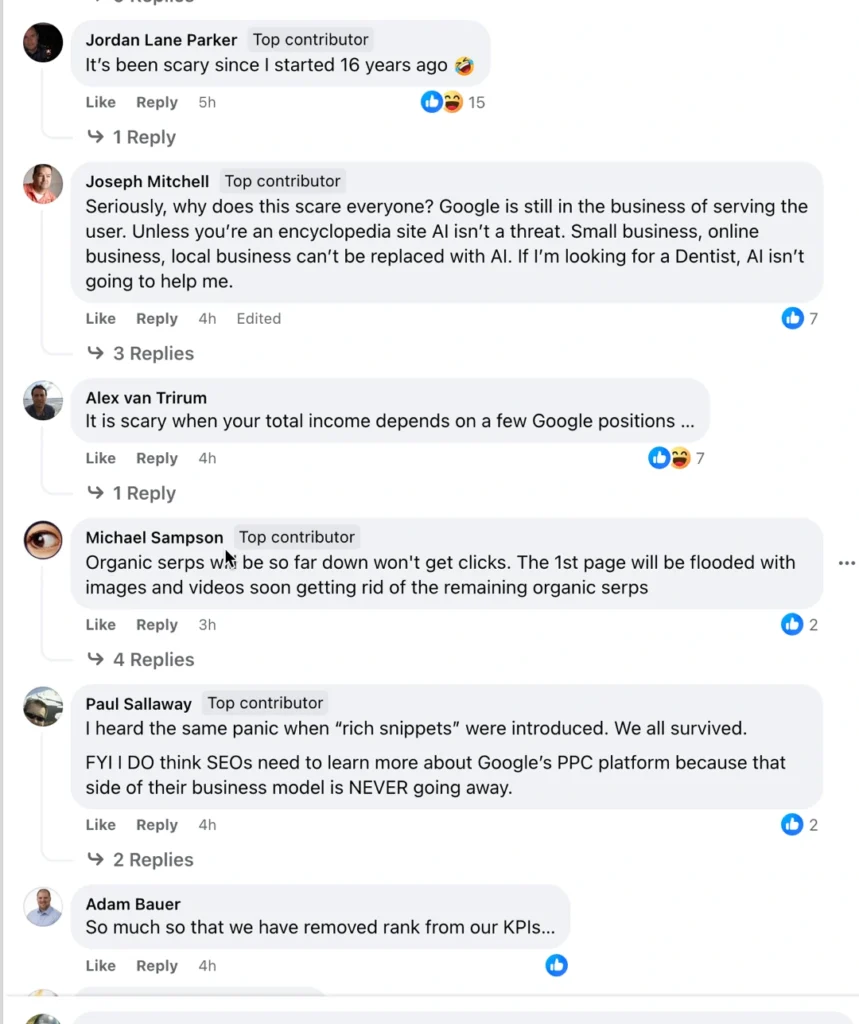 screenshot of comments discussing seo challenges. contributors including jordan lane parker and joseph mitchell share insights on googles algorithm changes