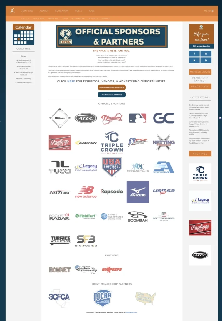 sample sponsorships partners webpage for softball team