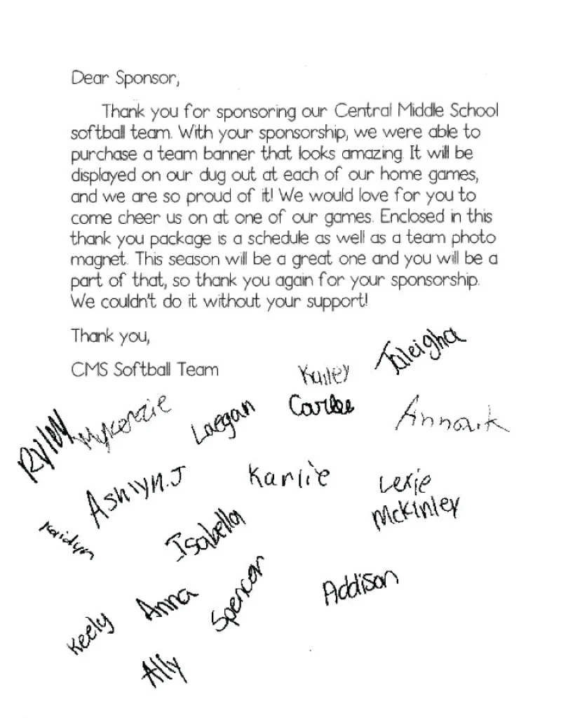 thank you for sponsoring our softball team letter signed by players