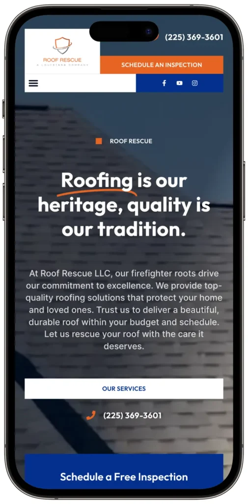 roof rescue website design project on iphone 14 pro mockup of website