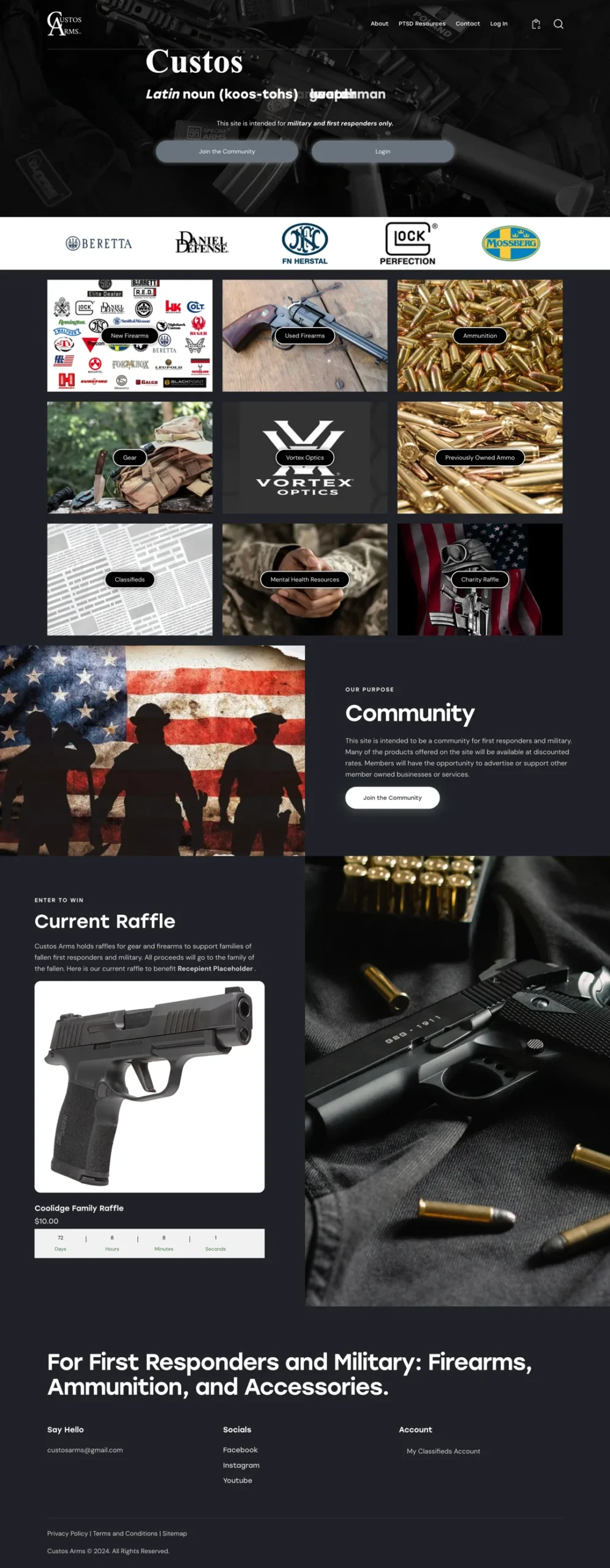 custos arms website screenshot of home page