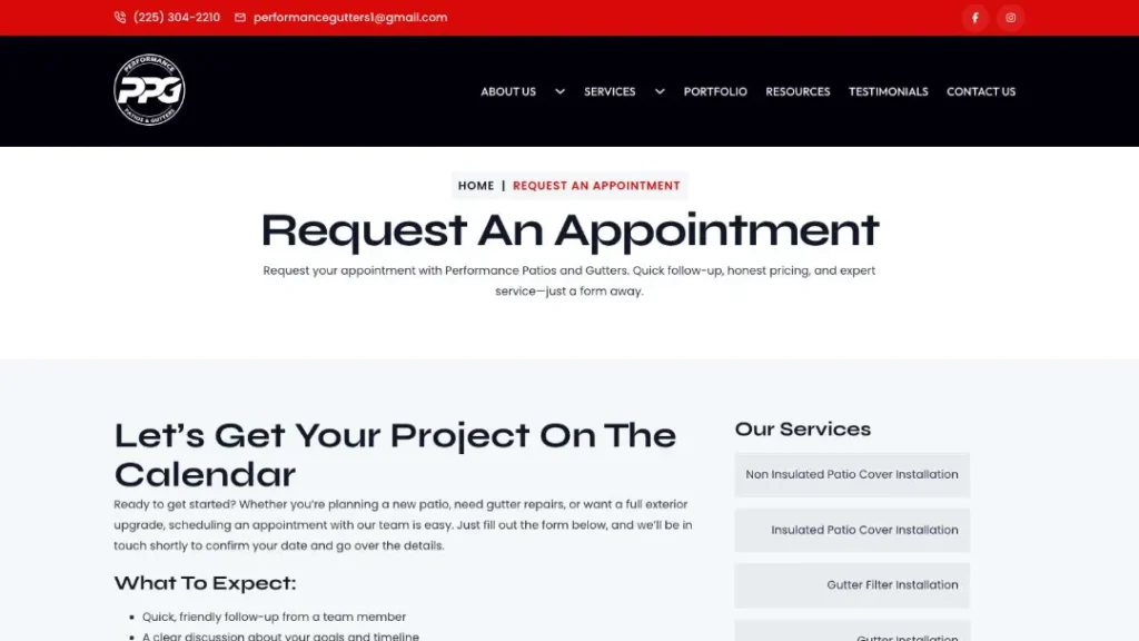 new https performancepatioandgutters.com forms request appointment