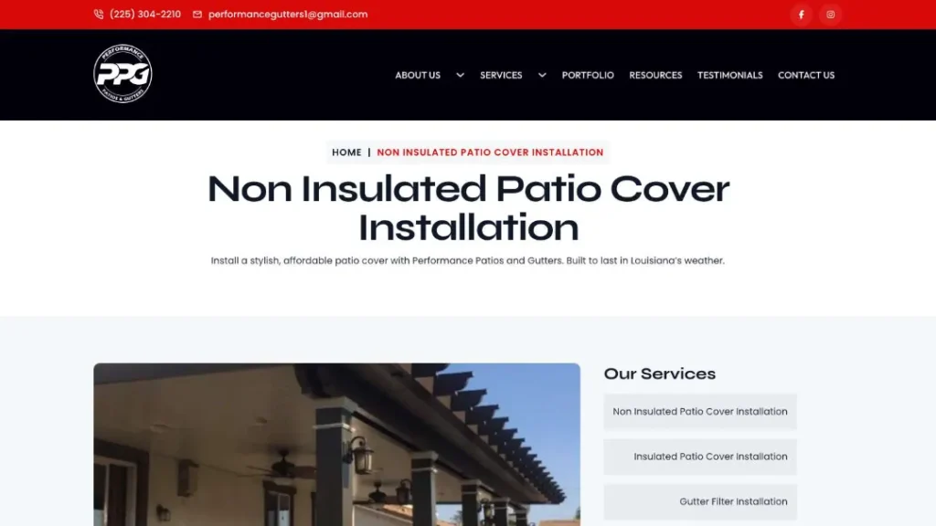 new https performancepatioandgutters.com service non insulated patio cover installation
