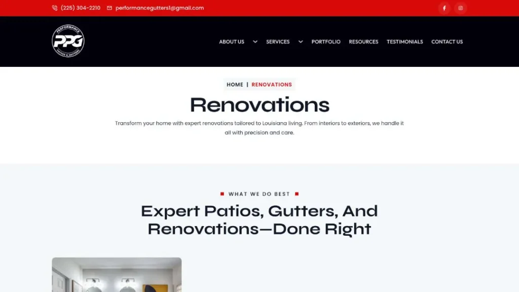 new https performancepatioandgutters.com service type renovations