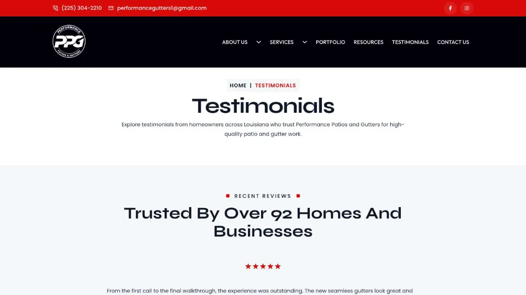 new https performancepatioandgutters.com testimonials