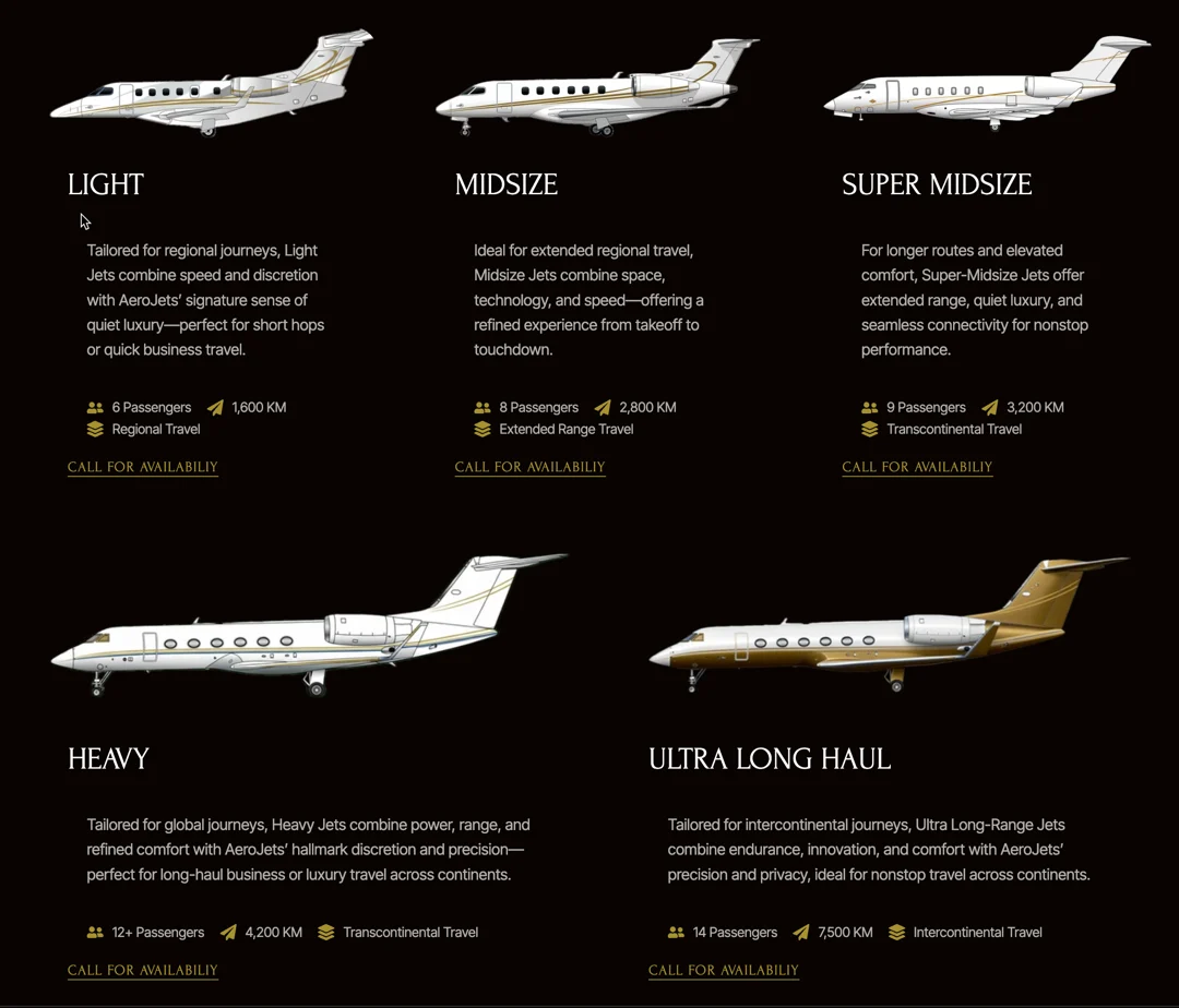 sample aircraft fleet archive page for aircraft charter site