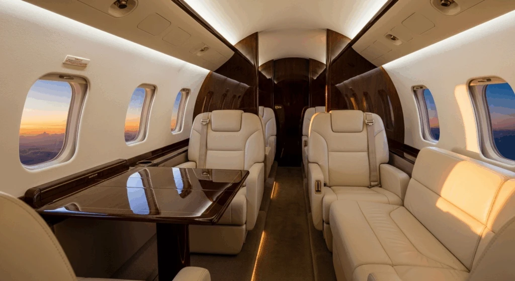 private jet cabin interior sunset