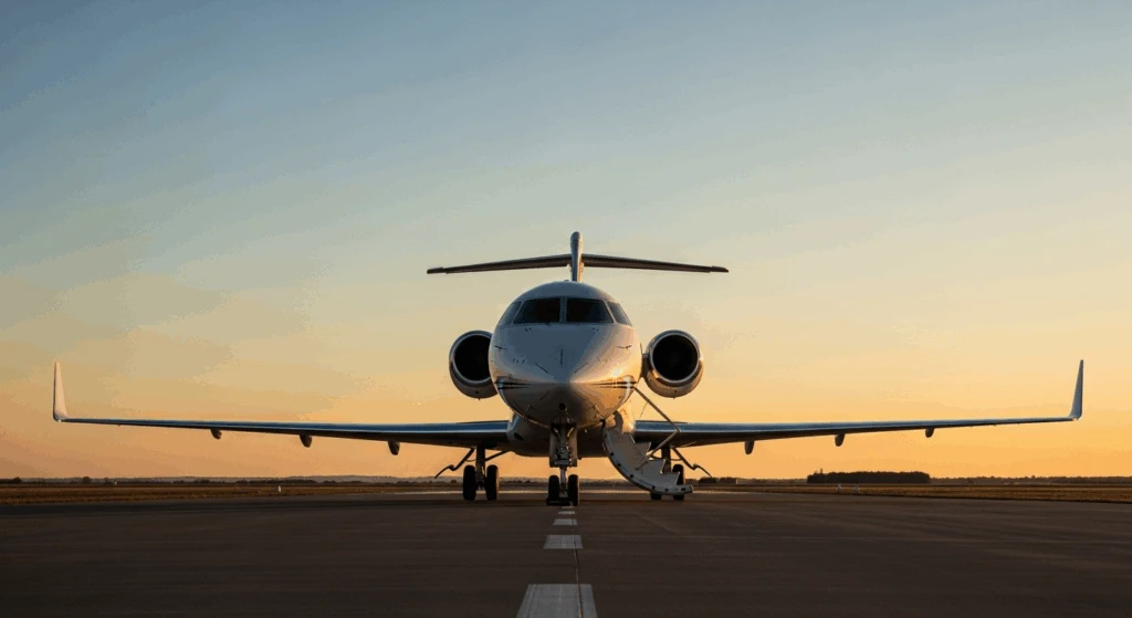 private jet runway sunset