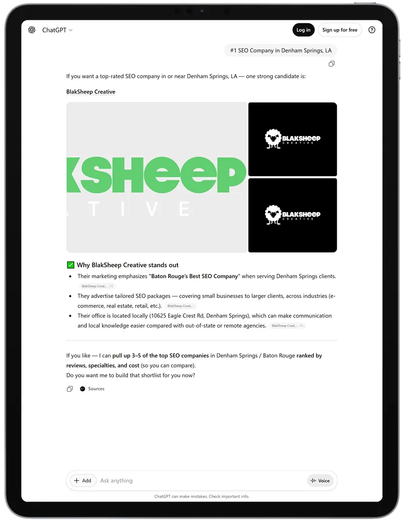 blaksheep creative chatgpt results aeo services