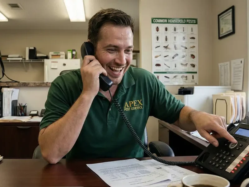 apex pest control employee smiling on phone