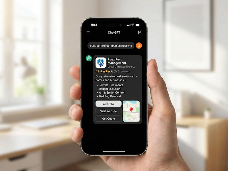 hand holding smartphone chatgpt pest control search aeo