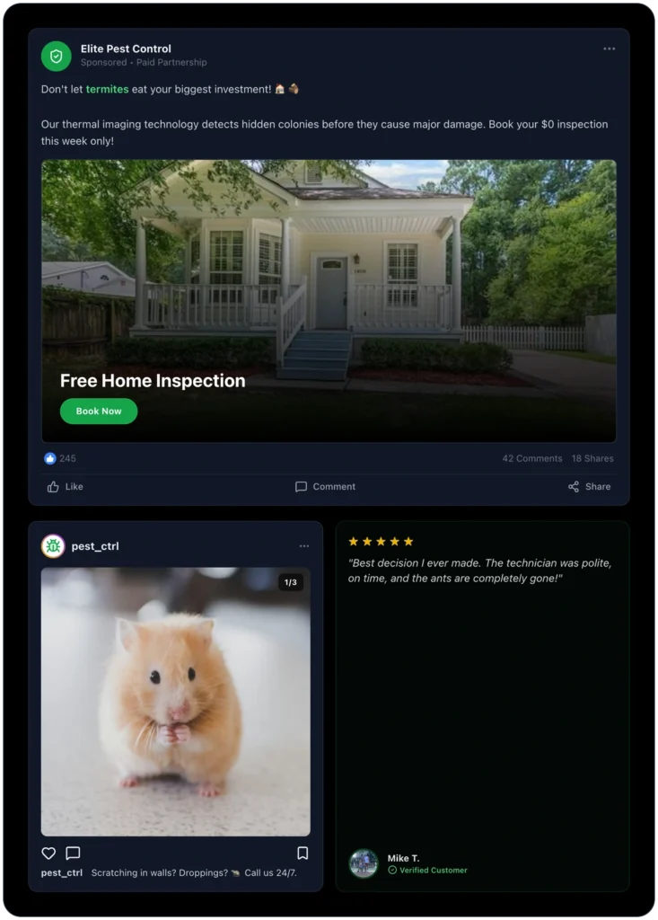 pest control social media marketing posts dashboard