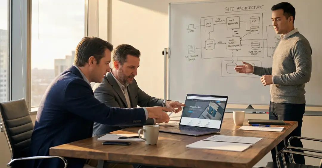 professionals collaborating on site architecture meeting