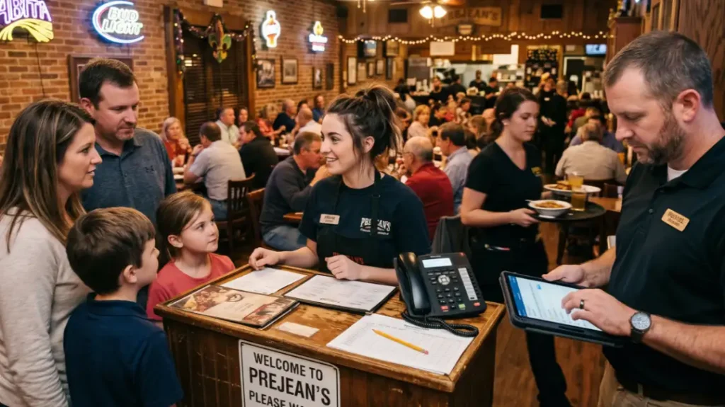 hostess greeting family at prejeans restaurant podium