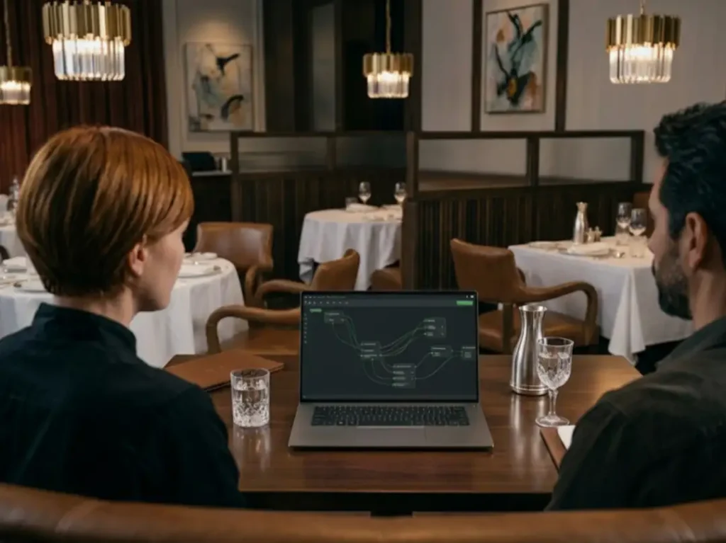 man and woman at restaurant looking at laptop workflow diagram.webp